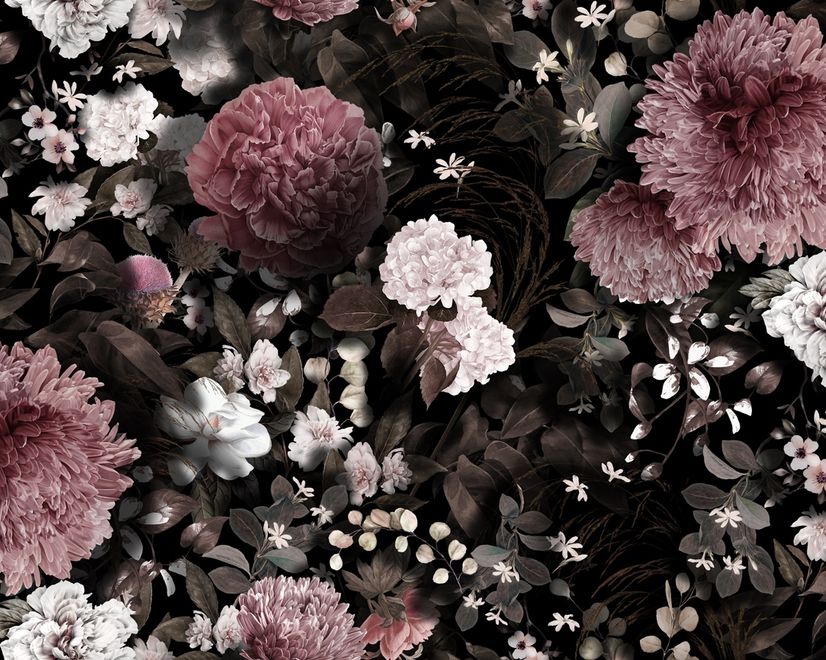 Dark Floral with Pink Chrysanthemum Wallpaper Mural