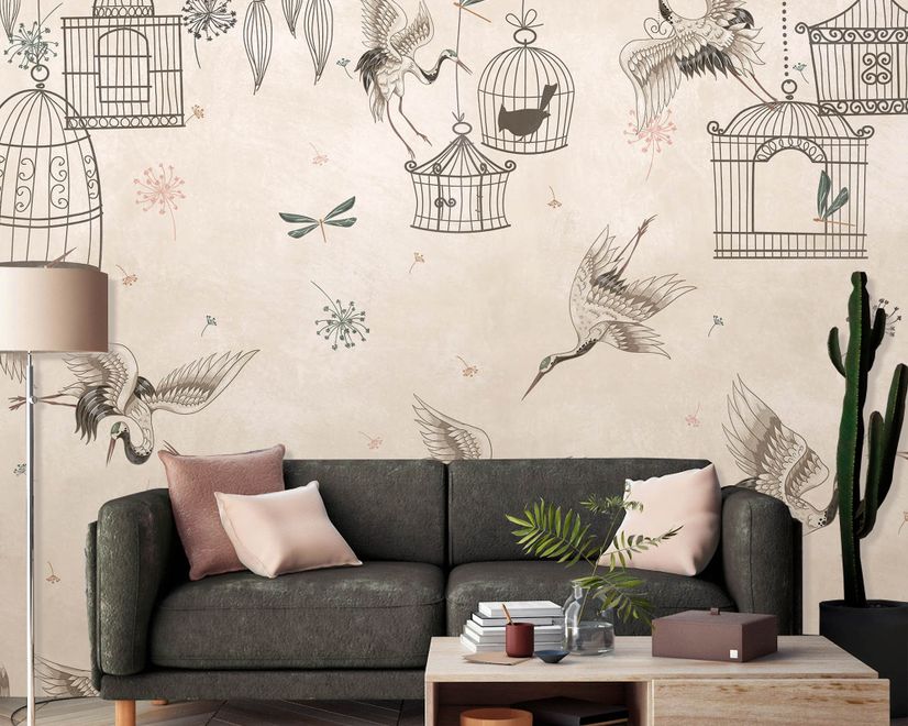 Japanese Crane Birds and Empty Cages Wallpaper Mural