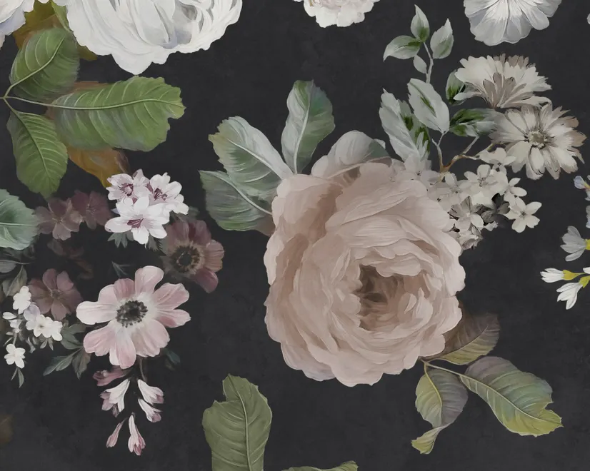 Papier peint panoramique floral foncé et fleurs de pivoine blanches