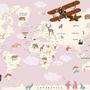 Für Kinder Rosa Weltkarte mit Vintage-Flugzeugen und Heißluftballons Fototapete