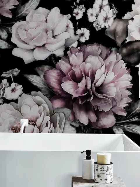 Vintage Dark Large Peony Flower Wallpaper Mural