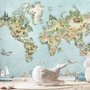 Watercolor Kids World Map with Soft Animals Wallpaper Mural