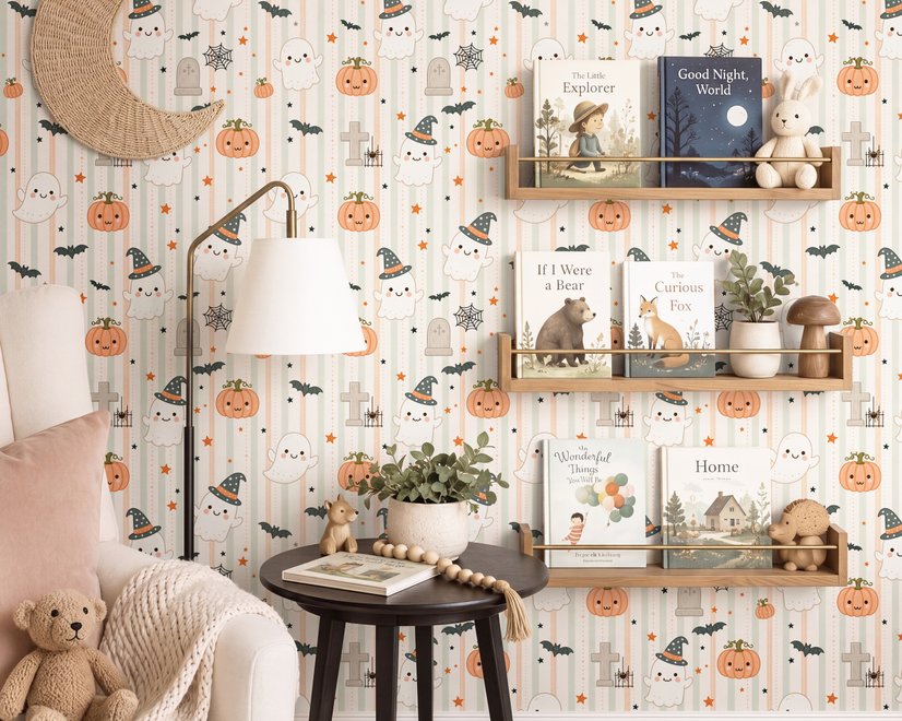 Cute autumn wallpaper with white ghosts, orange pumpkins, black bats and sage striped background