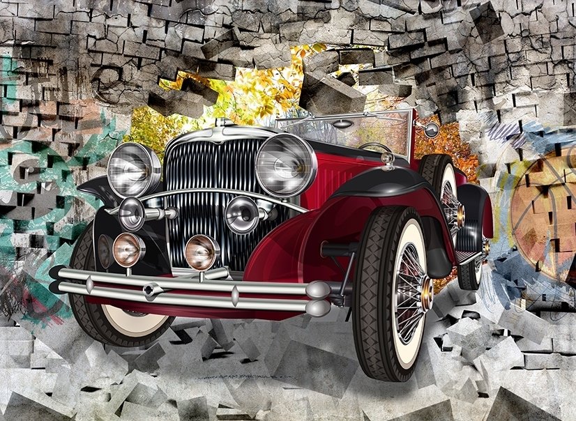Vintage Auto mit Graffiti Backstein Fototapete