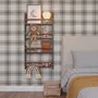 Neutral beige and brown plaid wallpaper with cream squares, taupe woven blocks and fine dark brown lines