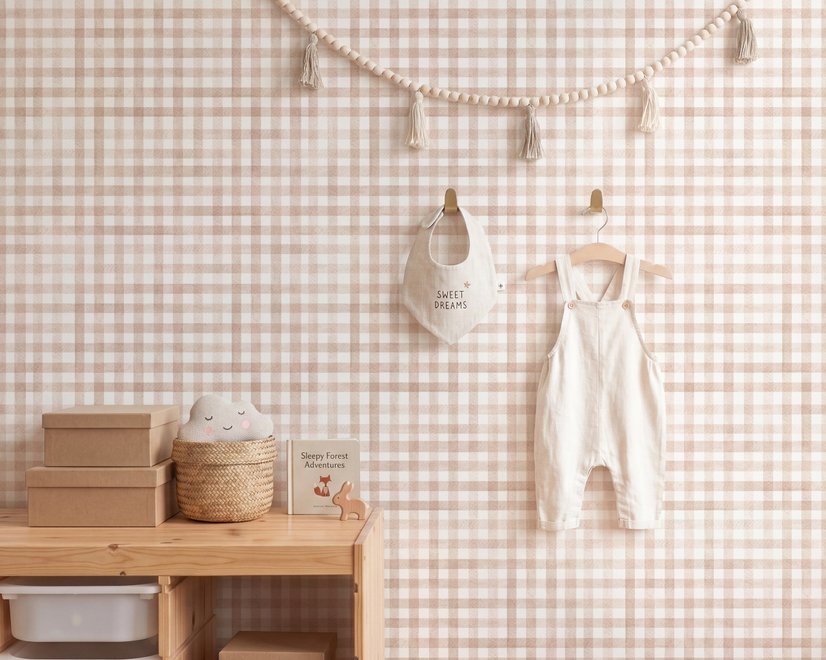 Soft brown wallpaper with pale beige gingham checks on a warm cream off-white ground