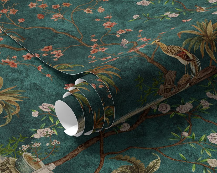 Floral wallpaper with birds in a teal chinoiserie garden with blossoms, pheasant, palms and stone railings