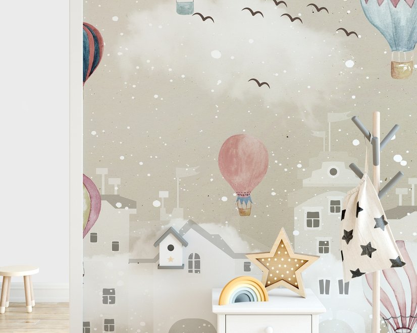 Kinderzimmer Fototapete Cartoon Winter und Kleiner Heißluftballon
