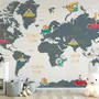 Kids World Map with Animals and Little Cars Wallpaper Mural