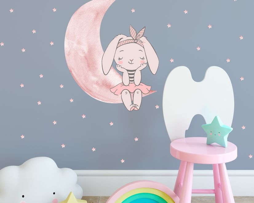 Kids Watercolor Cute Rabbit and Pink Moon with Little Stars Wall Decal Sticker