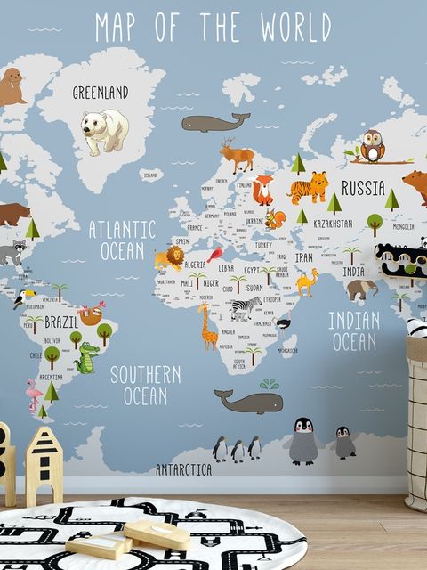Papier peint carte du monde avec animaux pour enfants