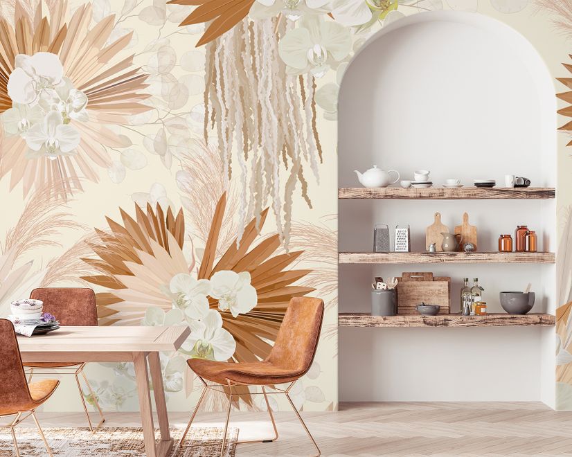 Neutral Boho Plants with Palm Leaf Wallpaper Mural