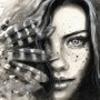 Papier peint panoramique portrait fille aux plumes noires monochrome
