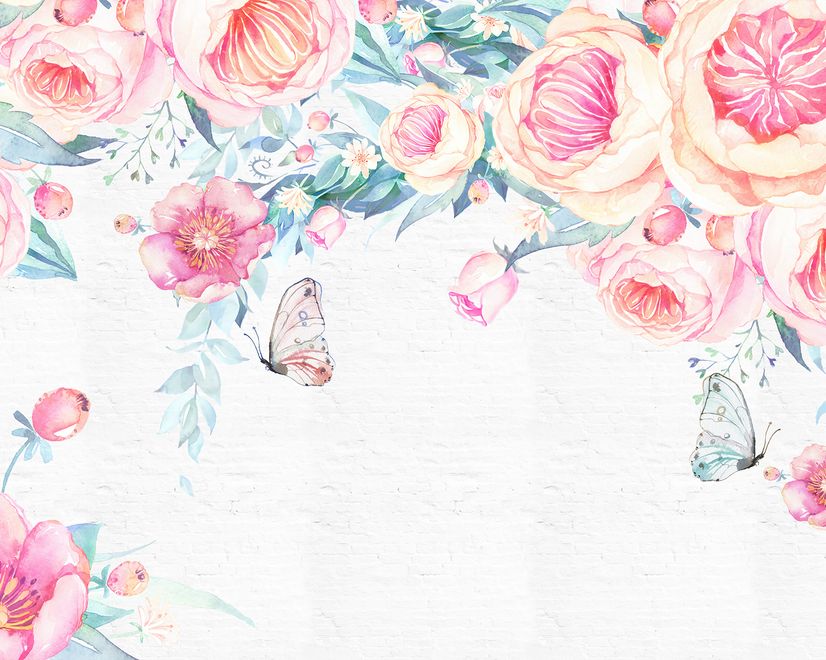 Vintage Watercolor Pink Flowers Wallpaper Mural