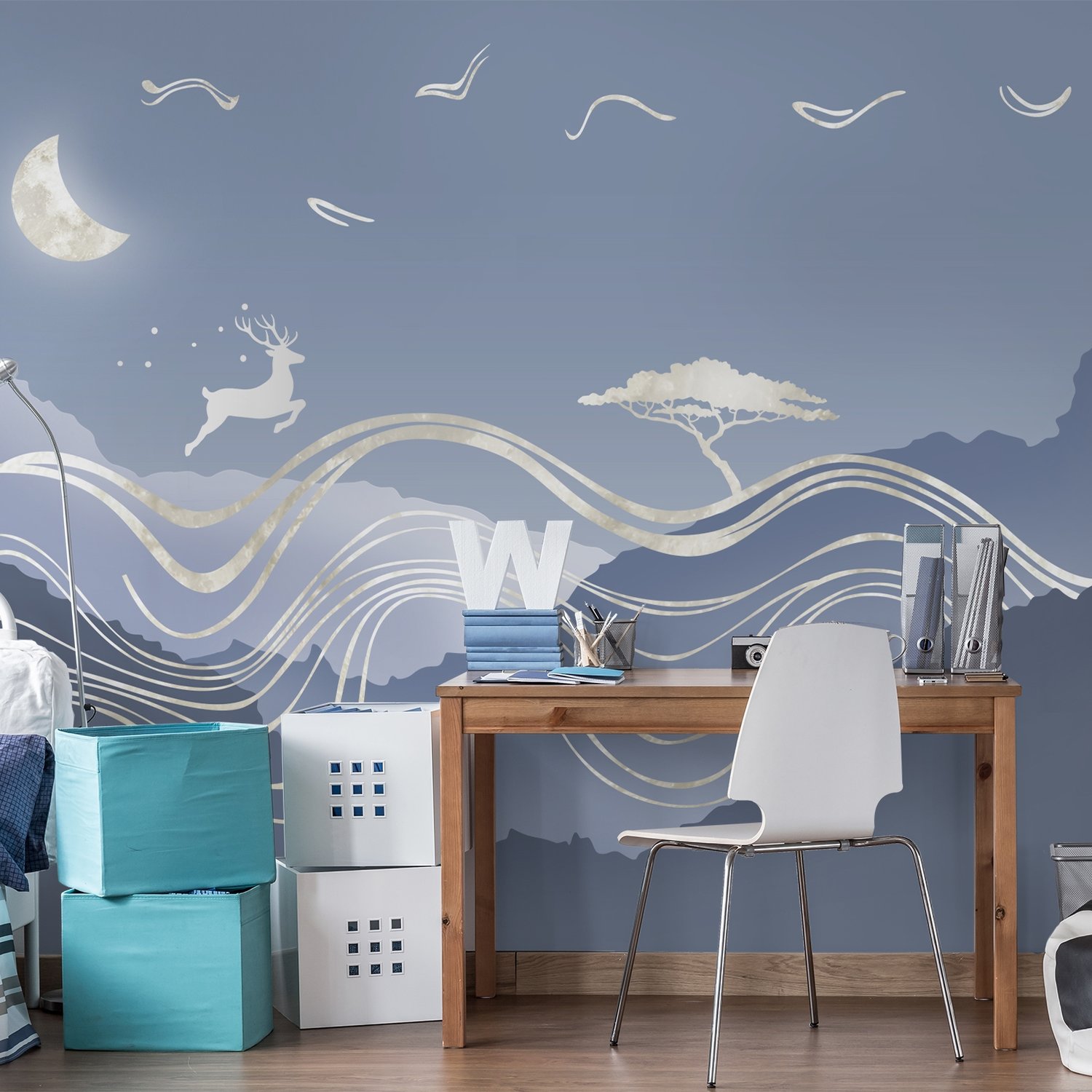Watercolor Abstract Lines and Horned Deer Wallpaper Mural - Peel and Stick