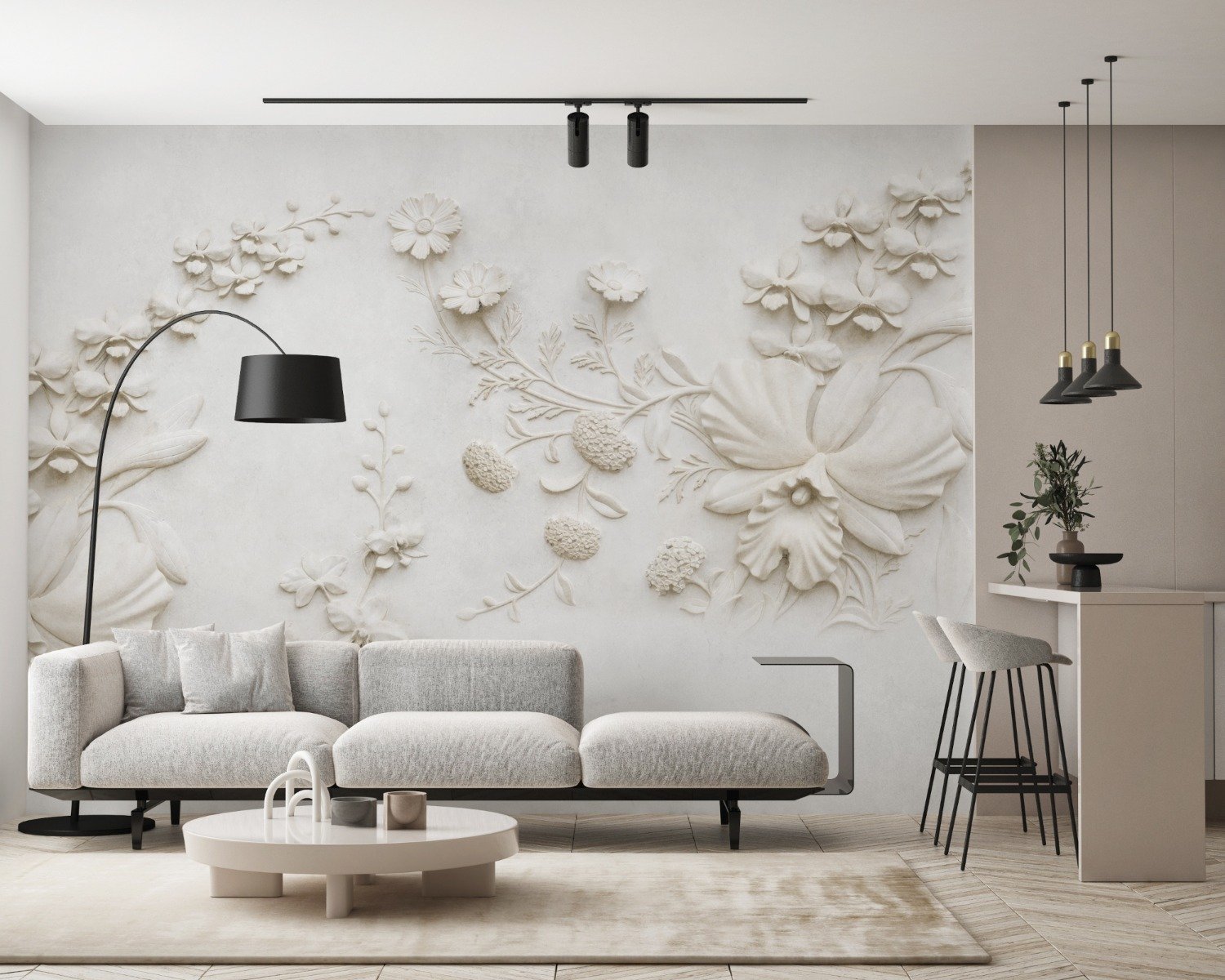 3D Embossed Look Cement Lily Flower Wallpaper Mural - Peel and Stick
