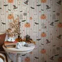 Cute autumn wallpaper with white ghosts, orange pumpkins, black bats and sage striped background