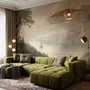 Landscape wallpaper mural with sepia coastal mountains, sailboat, beach figure and foreground tree