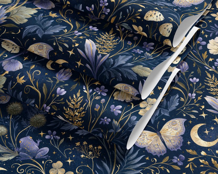 Midnight navy moody botanical wallpaper with lavender butterflies, ivory moons, gold stars, flowers and mushrooms