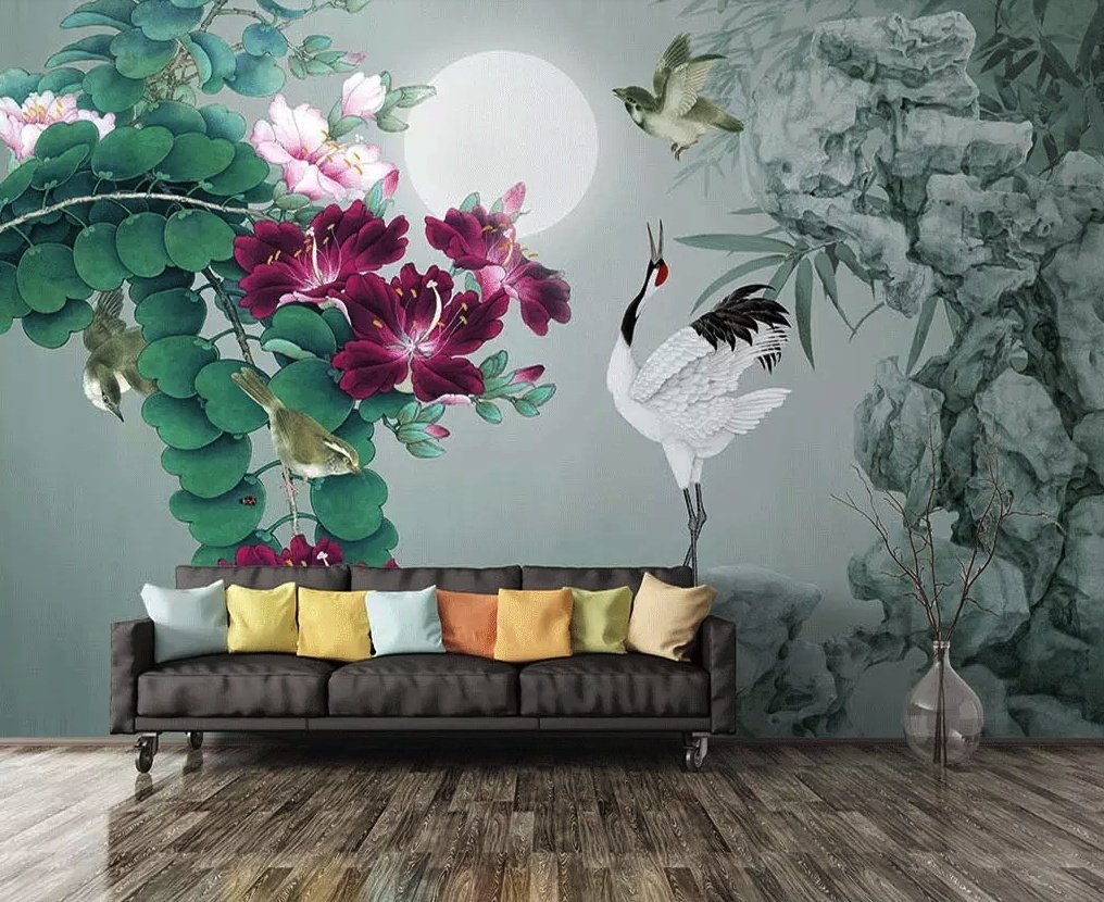 White Stork and Purple Flowers Wallpaper Mural - Peel and Stick