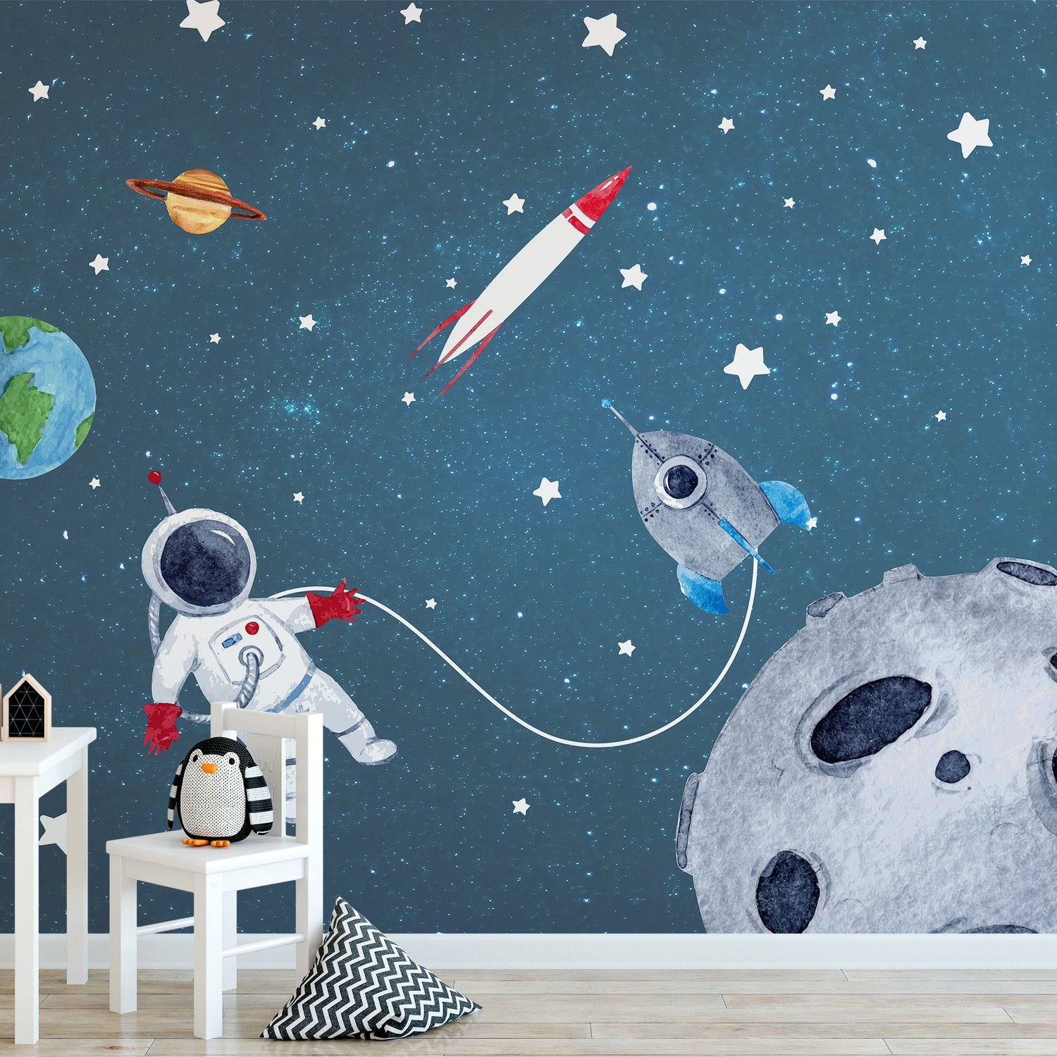 Watercolor Space with Astronaut and Meteor Wallpaper Mural - Peel and Stick