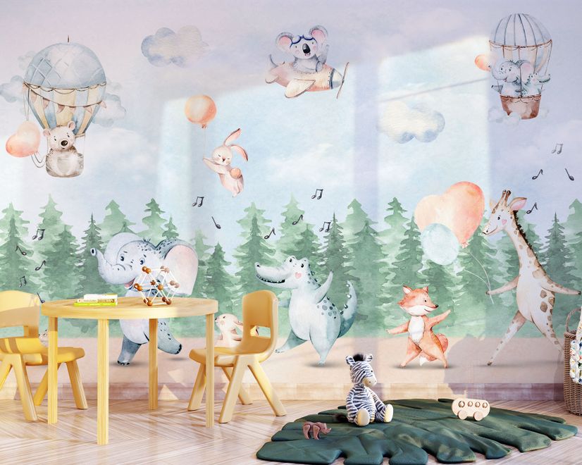 Kids Cute Animals Dancing in the Forest Wallpaper Mural