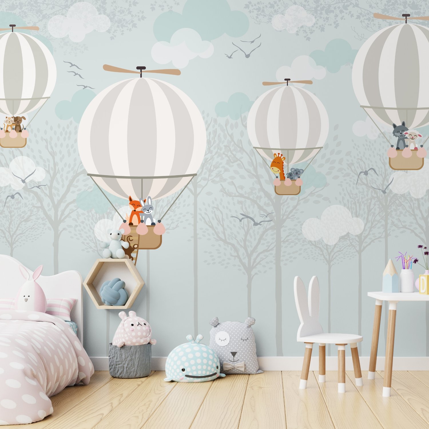 Hot Air Balloons with Animals Wallpaper Mural - Peel and Stick