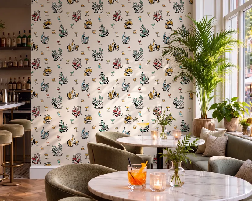 Bar area wallpaper with hand drawn cocktails, liquor bottles, citrus and fruit bowls on warm cream