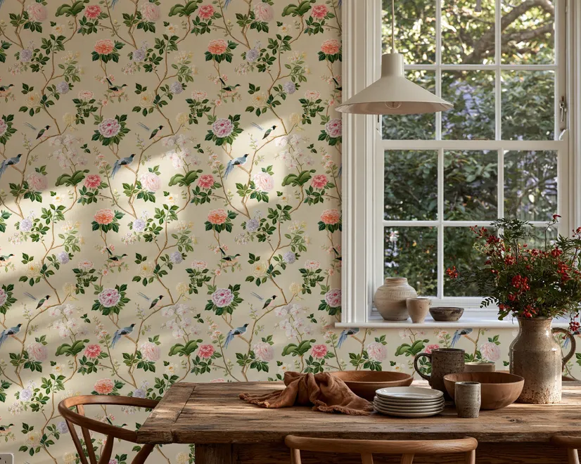 Chinoiserie wallpaper with blue-grey birds, pink peonies, white orchids and green branches on ivory-cream ground