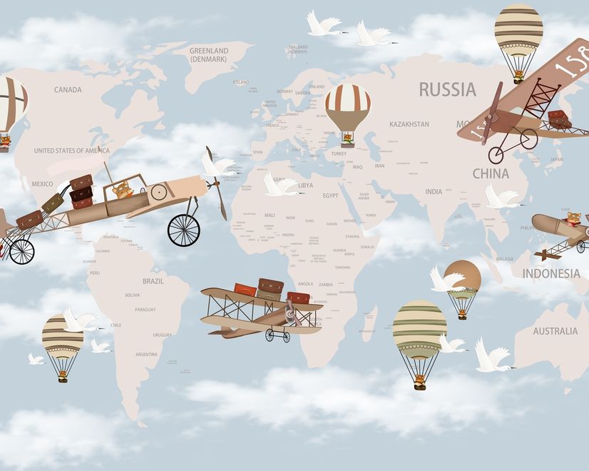 World Map with Hot Air Balloons and Helicopters Wallpaper Mural
