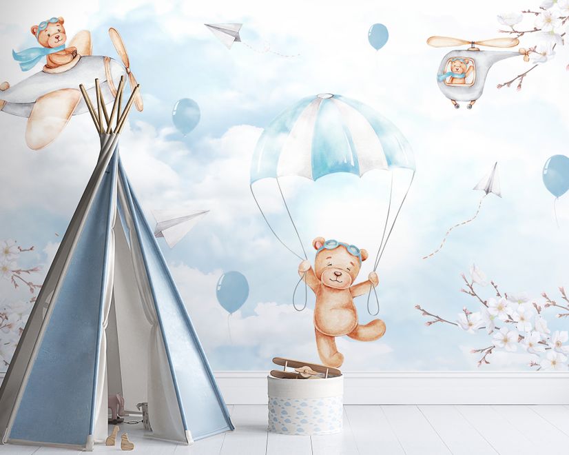 Cute Bear Flying with Paper Planes Wallpaper Mural