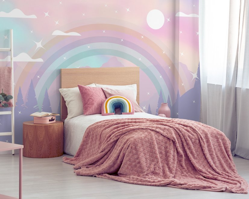 Papier peint panoramique de la chambre d'enfant avec des montagnes colorées et des étoiles brillantes