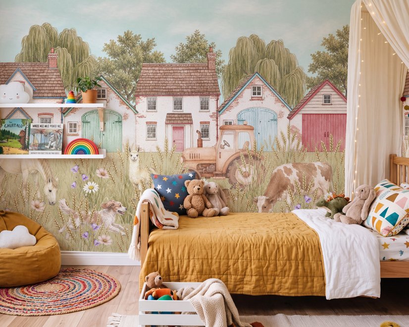 Watercolour rustic farmhouse wallpaper mural with horse, cow, llama, dog, tractor and cottage barns in a wheat meadow