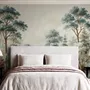 Vintage forest wallpaper mural with blue-grey trees, ivory blossom, red plants and toadstools around a misty path