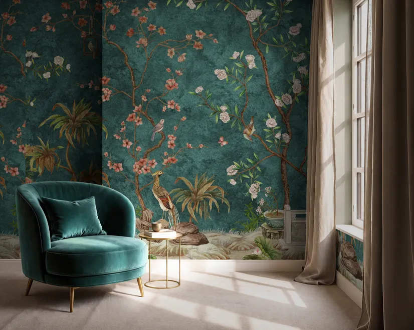Floral wallpaper with birds in a teal chinoiserie garden with blossoms, pheasant, palms and stone railings
