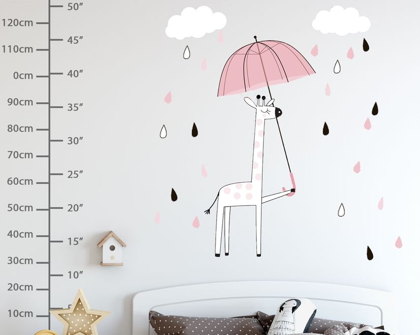 Kids Cute Giraffe with Colorful Raindrops and White Clouds Wall Decal Sticker