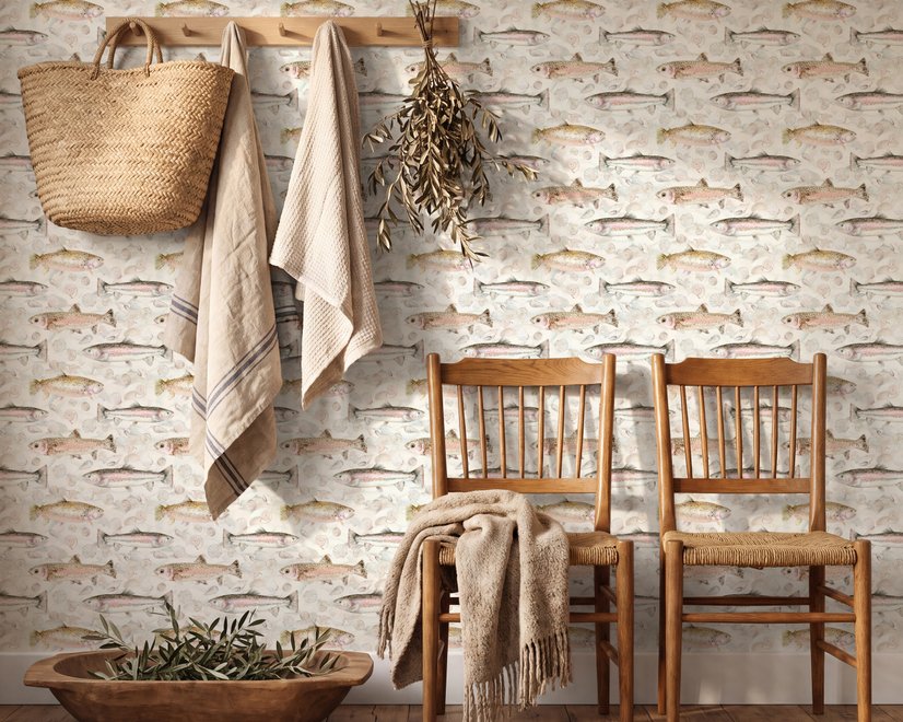 Watercolor fish wallpaper with trout, seashells and pale aqua washes on a warm cream ground