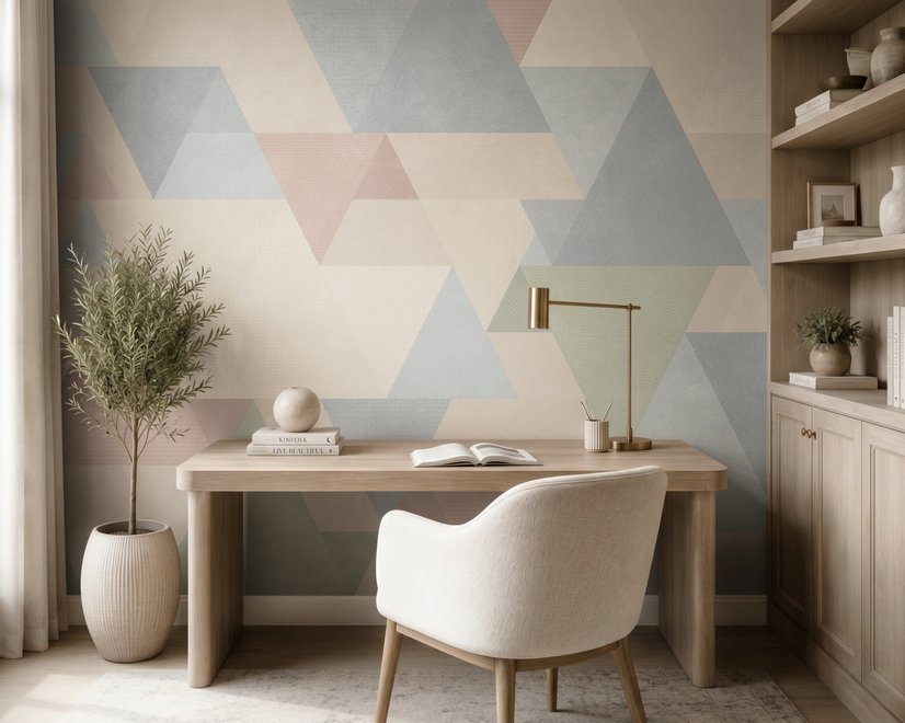 Pastel abstract wallpaper with overlapping sky blue, blush, cream, sage and grey textured triangles