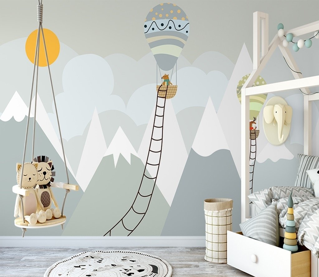 Kids Gray Mountainscape with Hot Air Balloon and Sun Wallpaper Mural - Peel and Stick
