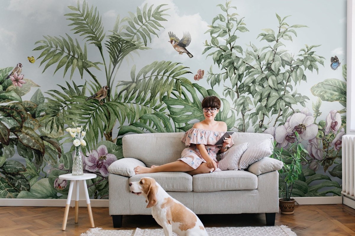 Tropical Leaves with Birds and Florals Wallpaper Mural - Peel and Stick