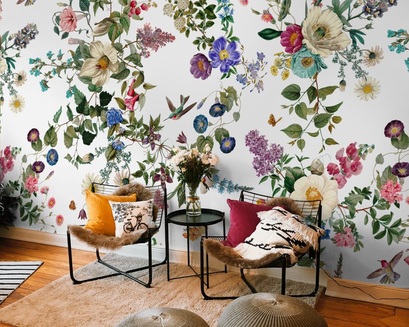 Papier peint fleurs botaniques oiseaux