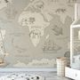 Kids Soft Brown Continent World Map with Drawing Animals Wallpaper Mural