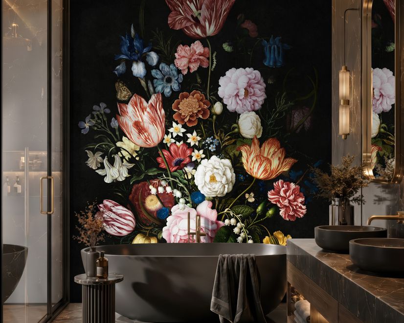 Elegant Dutch Dark Floral Bouquet Wallpaper Mural