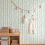 Blue floral stripe wallpaper with pale sky-blue bell flowers, green vines and sage bands on white