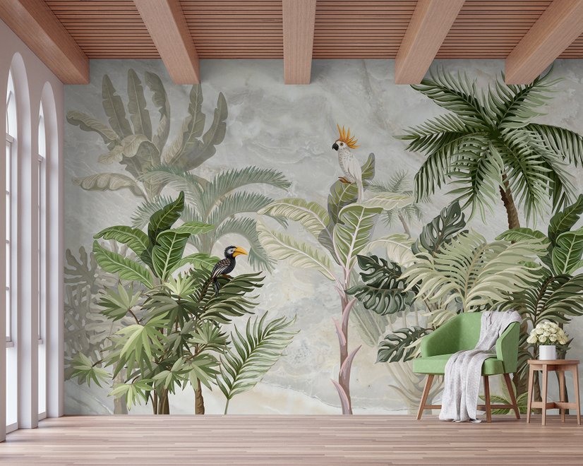 Green Tropical Forest with Parrot Wallpaper Mural
