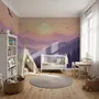 Stag mountain wallpaper with a navy deer silhouette, lavender pine ridges and a pale golden sun