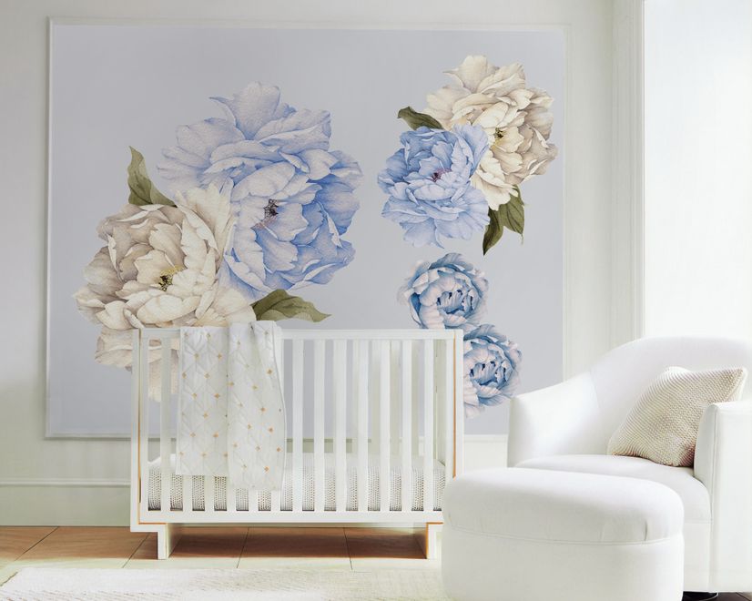 Blue White Peony Floral Bouqets with Green Leaves Wall Decal Sticker