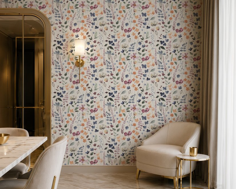 Watercolour floral wallpaper repeat with navy, blue, blush and peach wildflowers on warm cream