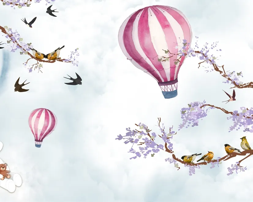 Papier peint panoramique pour enfants avec montgolfière et fleurs violettes