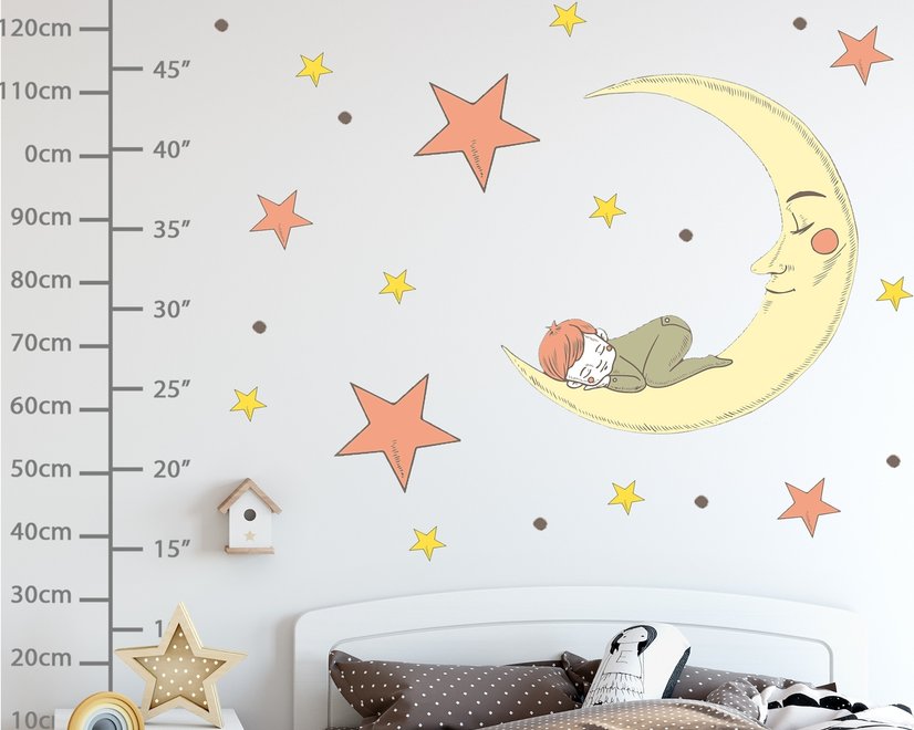 Nursery Smiling Moon with Orange and Yellow Stars Wall Decal Sticker